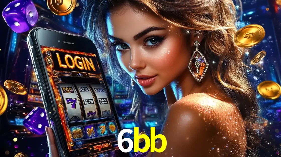 Mulher glamorosa segurando um smartphone com a tela de login para os jogos de caça-níqueis do cassino online 6bb, com moedas de ouro e dados ao redor.