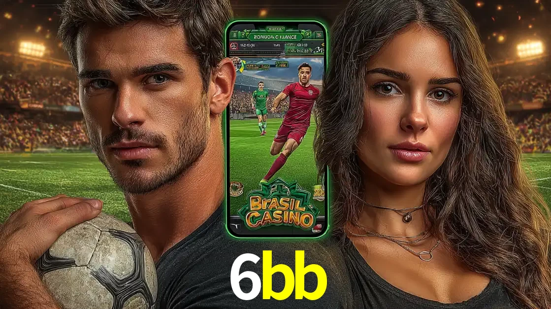 Homem segurando uma bola de futebol e uma mulher ao lado de um smartphone exibindo o jogo de apostas esportivas da 6bb. Faça seu palpite no cassino online.